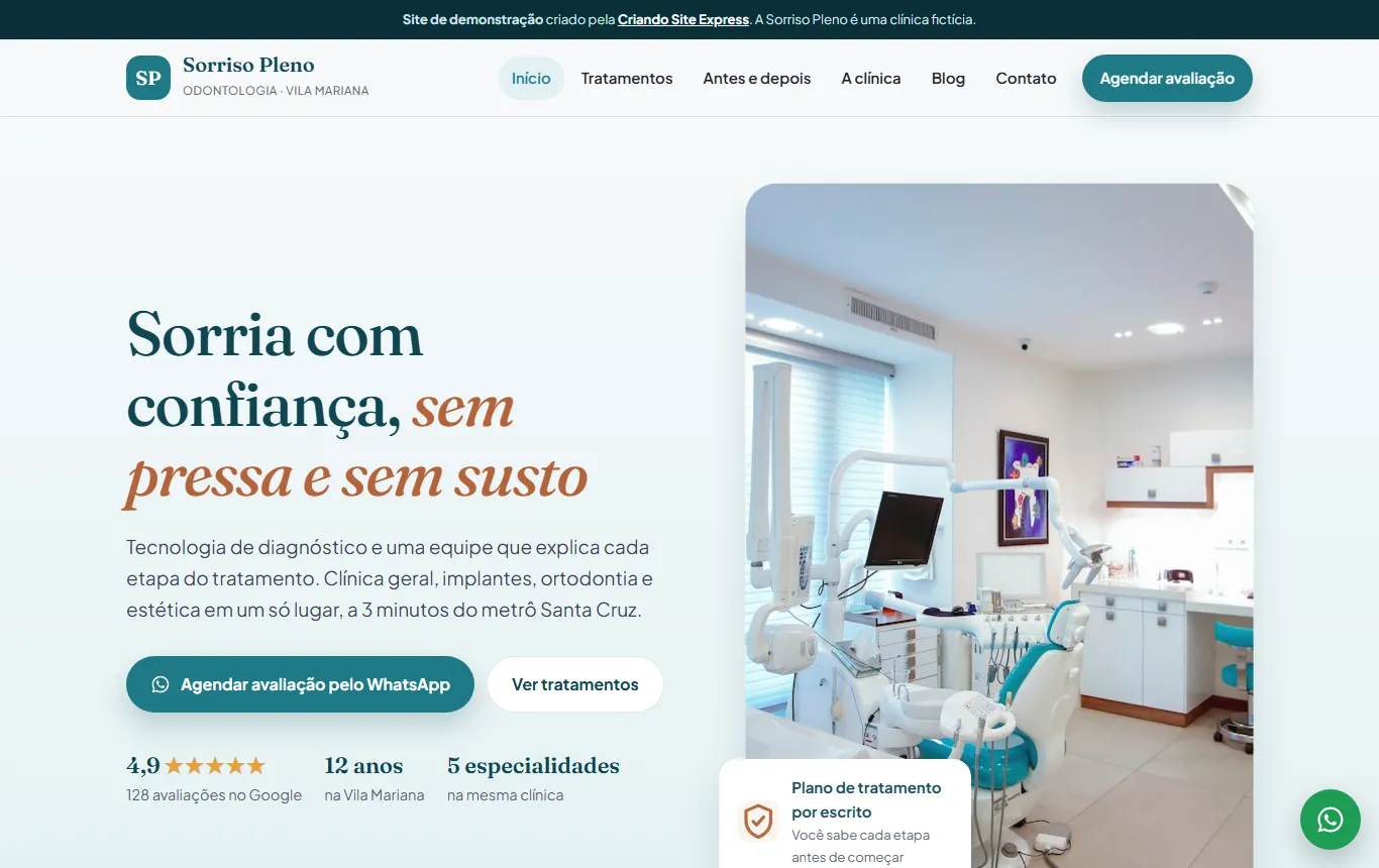 Página inicial do site de demonstração da clínica Sorriso Pleno