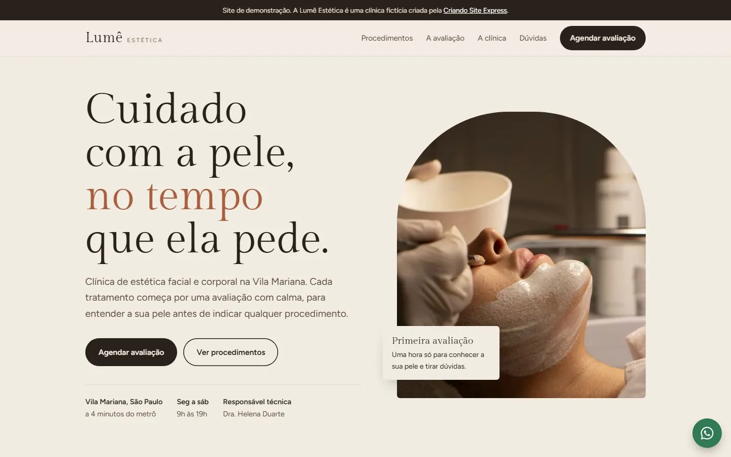 Página inicial do site de demonstração da clínica fictícia Lumê Estética