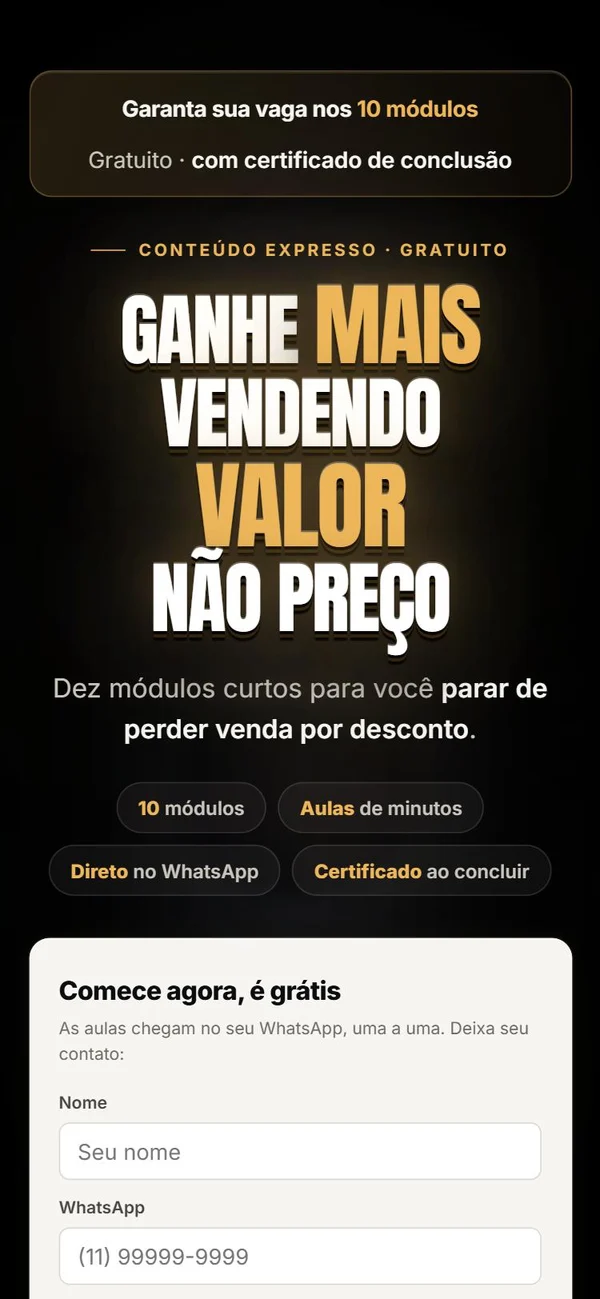 Página Ganhe Mais Vendendo Valor no celular